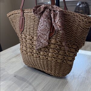 Brown Woven Tote Bag with Scarf Accent-NWOT
